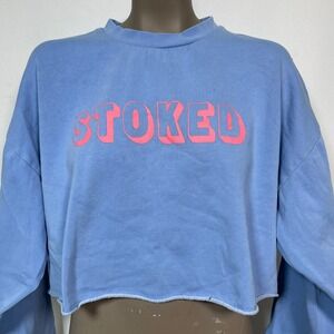 Billabong Stoked Blue Pink Raw Hem Cropped Sweatshirt Women's LARGE
